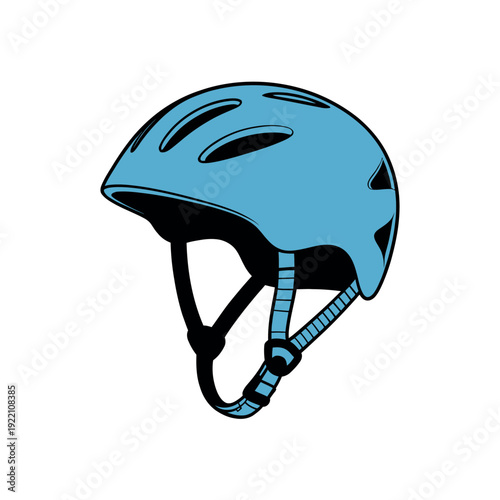 Light blue protective cycling helmet secures chin strap for outdoor safety.