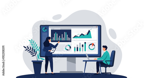 Business analytics presentation with charts and graphs on screen.