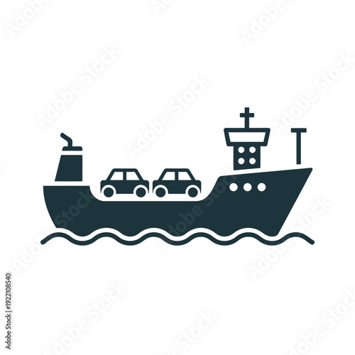 Car carrier vessel silhouette floats upon ocean waves signifying global automotive.