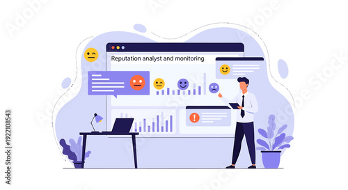 Man analyzing online reputation and monitoring digital data on screens.