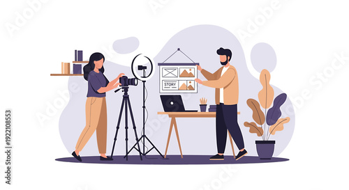 Man and woman filming presentation with camera and ring light.