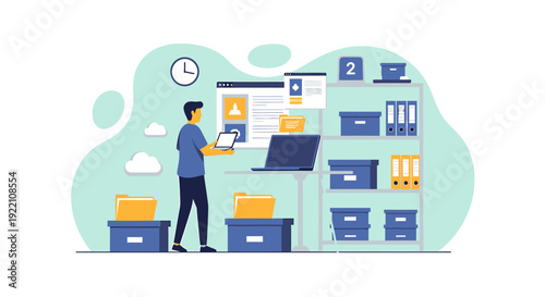 Man organizing files and documents in an office setting.