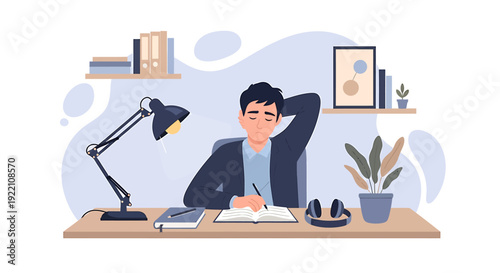 Man sitting at desk writing and thinking hard.