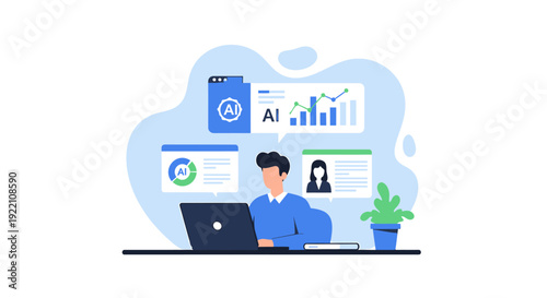 Man working on laptop with data analytics charts and AI interface.