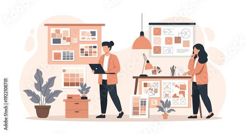 Two women collaborate on a project in a modern office space.