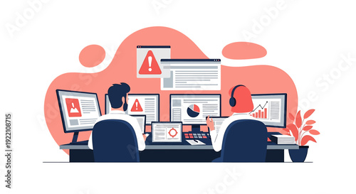 Two people working at multiple computer monitors in an office setting.