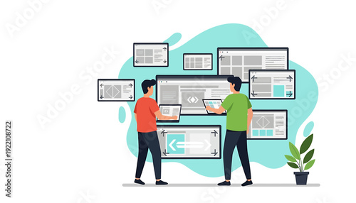 Two people collaborating on a digital project with multiple screens.