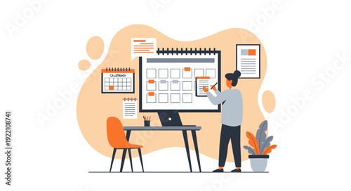 Woman planning her schedule on a large calendar board.