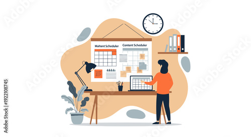 Woman planning tasks on a calendar and laptop.