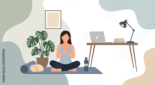 Woman meditating in lotus pose at home office desk with laptop.