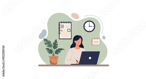 Woman working on laptop at desk with plant and clock.