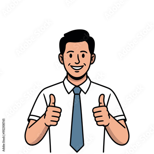 Smiling professional man in a white shirt gives two enthusiastic thumbs up approval.
