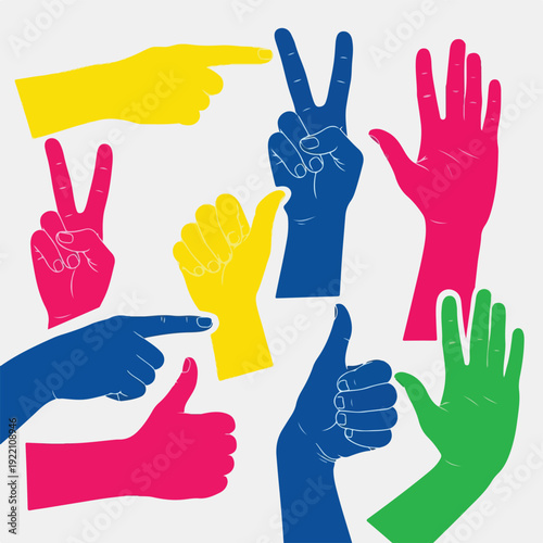 Colorful hands gesture different signs against a pale, neutral background