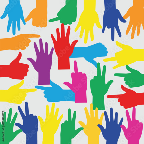 Colorful hands in various gestures, on a neutral gray background