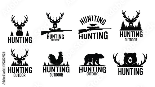 Collection of hunting logos with animals and guns isolated on white background, Vector