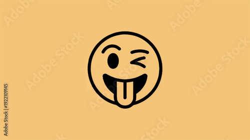 Minimal line vector winking face sticking out tongue on orange background playful emoticon symbol