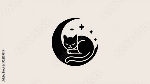Sleeping cat curled up on crescent moon with stars peaceful night scene calm and serene atmosphere vector icon black and white