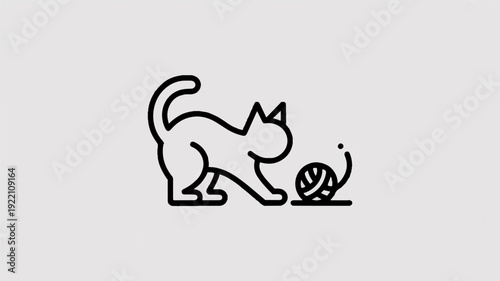 Minimalist line art icon of a curious cat playing with a ball of yarn on a plain background