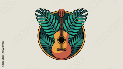 Tropical music festival badge with guitar and leaves vector illustration for summer vibes and cultural events