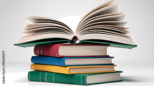 Stack of colorful books with one open on top education and learning concept bookworm reading materials