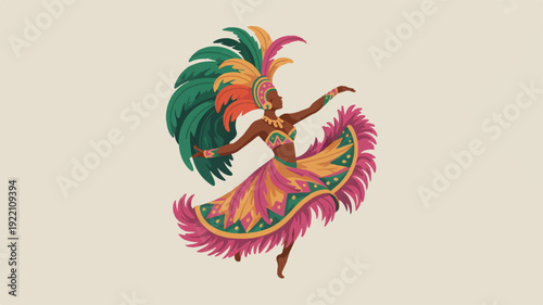 Vibrant vector illustration of woman dancing with colorful feathered costume and headdress dynamic movement and energy