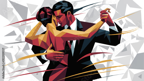 Couple dancing tango abstract artistic illustration vibrant colors dynamic movement romantic passion elegant poses geometric background
