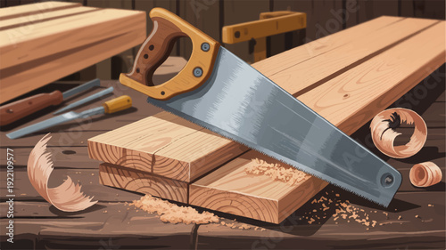 A detailed illustration of a handsaw wood blocks and wood shavings on a wooden workbench showcasing diy woodworking tools and materials in a rustic setting