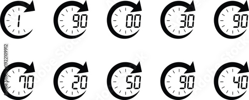 Countdown timer clock icons set, circular arrow stopwatch symbols showing seconds, time management concept, deadline reminder, productivity illustration