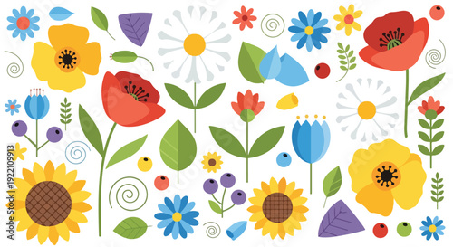 Colorful illustrated flowers, leaves, and berries scattered on white background