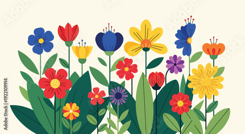 Colorful illustrated flowers with green leaves. Plain cream background