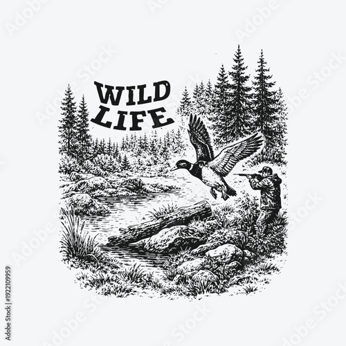 Wild Life Nature Sketch with Hunter, Flying Mallard, and Pine Forest Lake Landscape