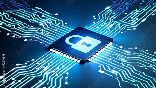 cybersecurity lock on microchip circuitry blue digital background