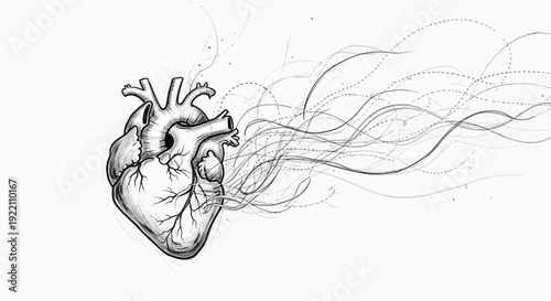 Anatomical heart sketch with flowing lines isolated on white background