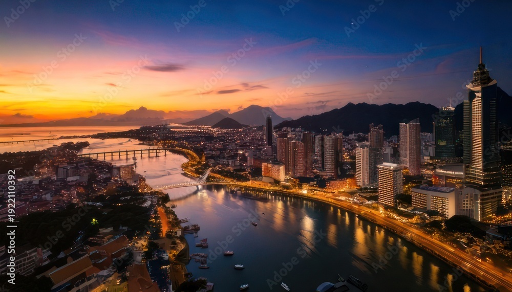Fototapeta premium Stunning cityscape of Xiamen, China at sunset with vibrant sky.