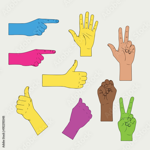 Colorful illustrated hands showing gestures, pointing, thumbs-up, peace