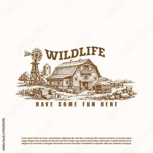 Hand-Drawn Barn with Windmill, Silo, and Harvest Wagon Engraving