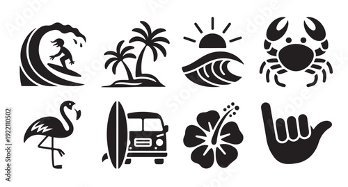 Summer beach vacation and tropical island travel holiday black icons set isolated vector