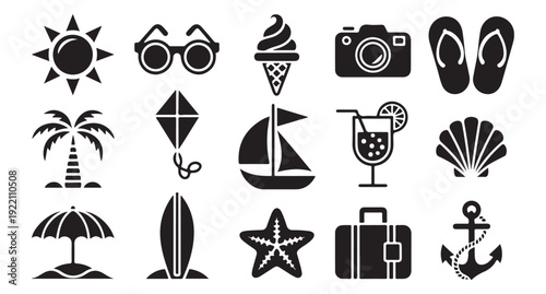 Summer beach vacation and tropical island travel holiday black icons set isolated vector