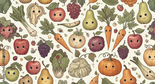 Charming illustrated pattern of various fruits and vegetables with smiling faces