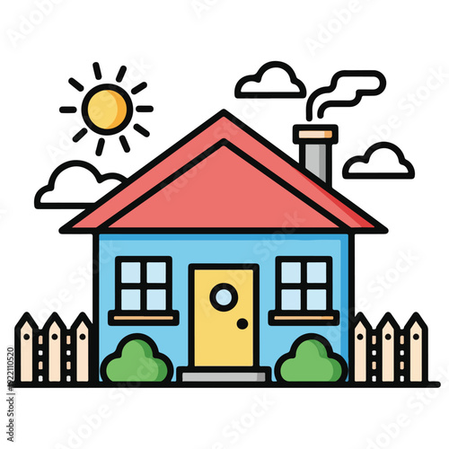 Colorful illustrated home with sun, clouds, fence, and chimney