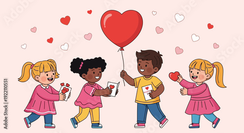 Children share hearts and cards celebrating love and friendship