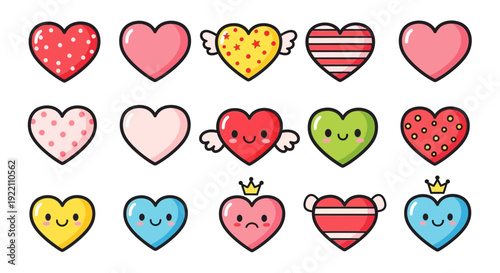 Collection of colorful cartoon heart illustrations for love and affection