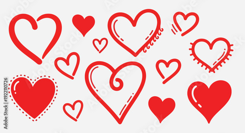 Collection of red hearts hand drawn vector illustration elements