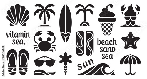 Summer beach holiday elements set featuring shell palm tree surfboard sunglasses and tropical