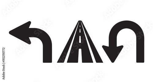 Left turn directional arrow with perspective road lane and return u-turn icon for navigation