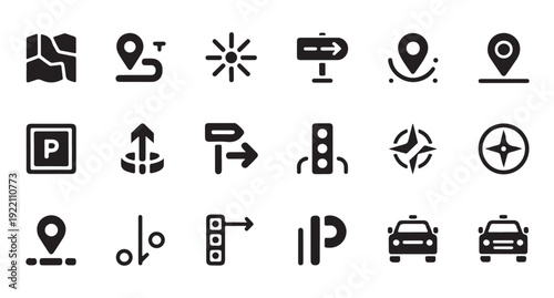 Map and navigation icons set. directions, location pins, traffic light, compass, parking and taxi