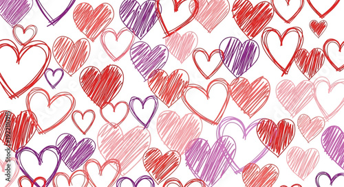 Colorful hand drawn heart shapes on white background love and affection concept