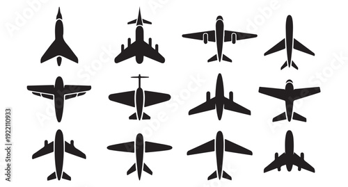 Aviation airplane silhouette set with different aircraft types military jets and commercial planes