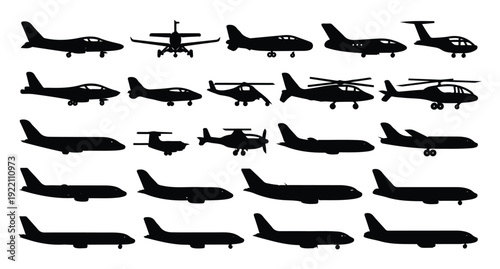 Aircraft silhouettes. various airplanes, jets, and helicopters. aviation, transport, and travel symbols.