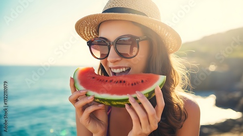 Happy woman eating watermelon sunny beach vacation